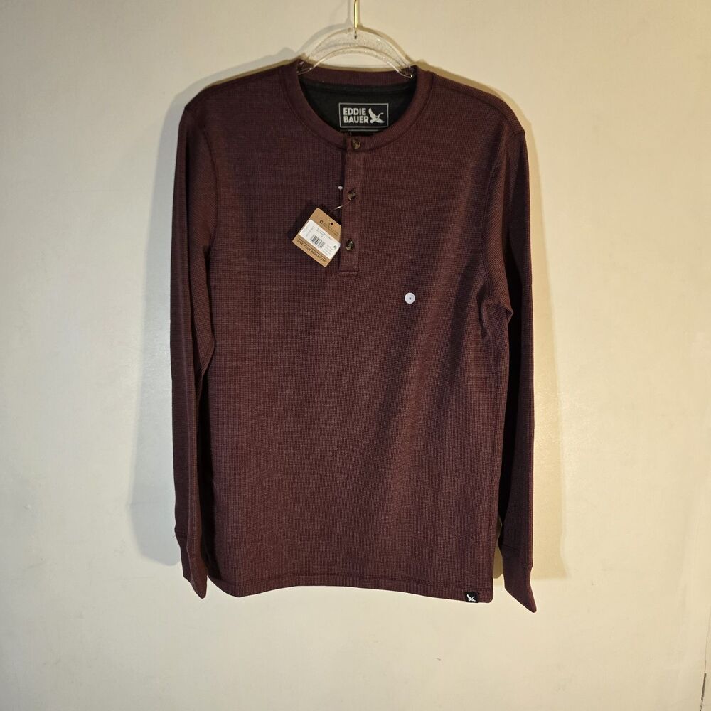 Eddie Bauer  Mens Small Red Thermal Waffle Knit Henley Button Long Sleeve